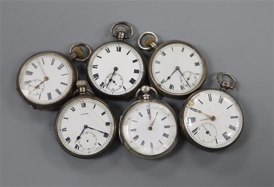 Six assorted silver or white metal pocket watches including Cyma.